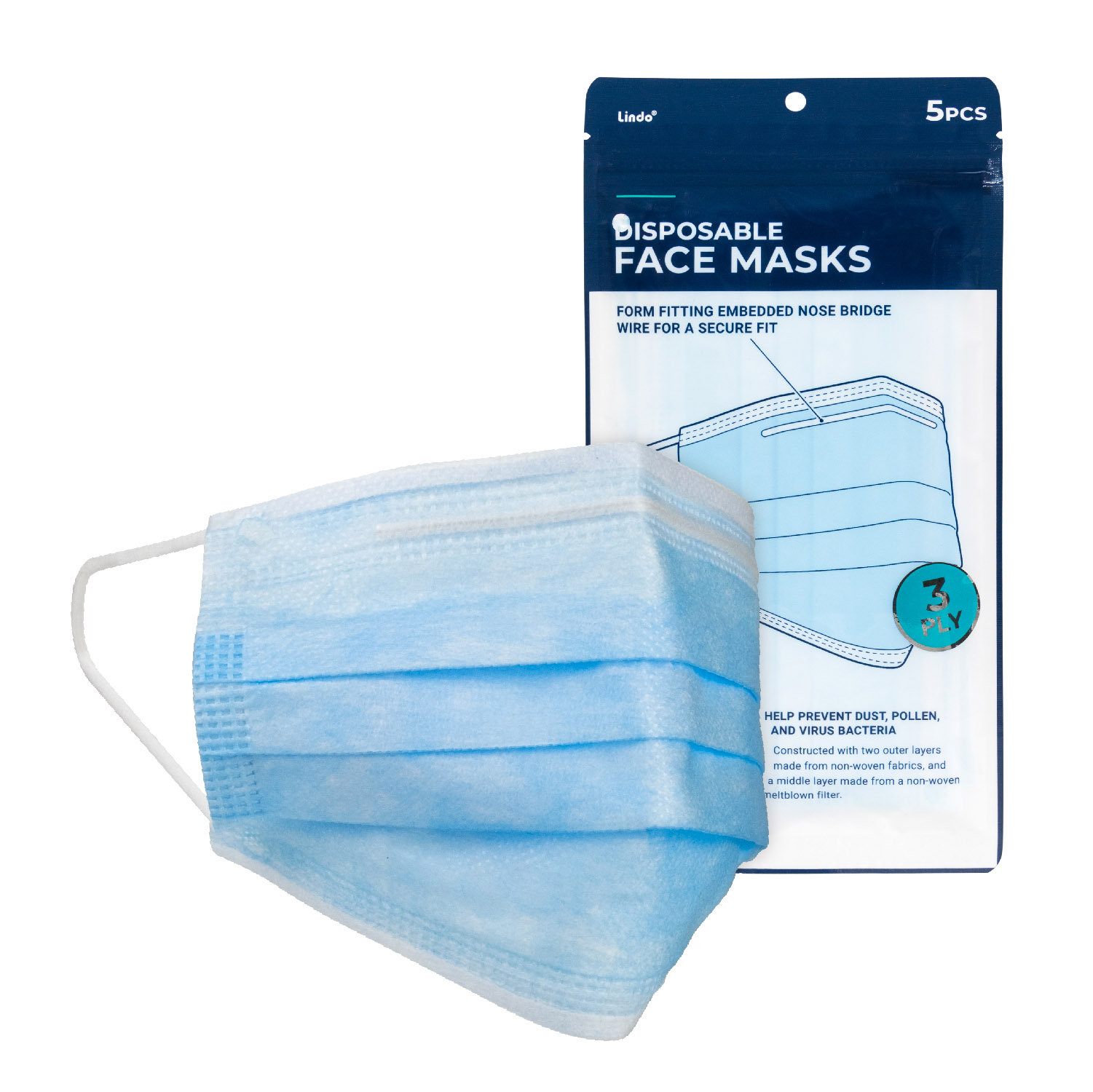 Lindo 3-Ply Disposable Face Mask – 5pcs/pk – Lindo Products